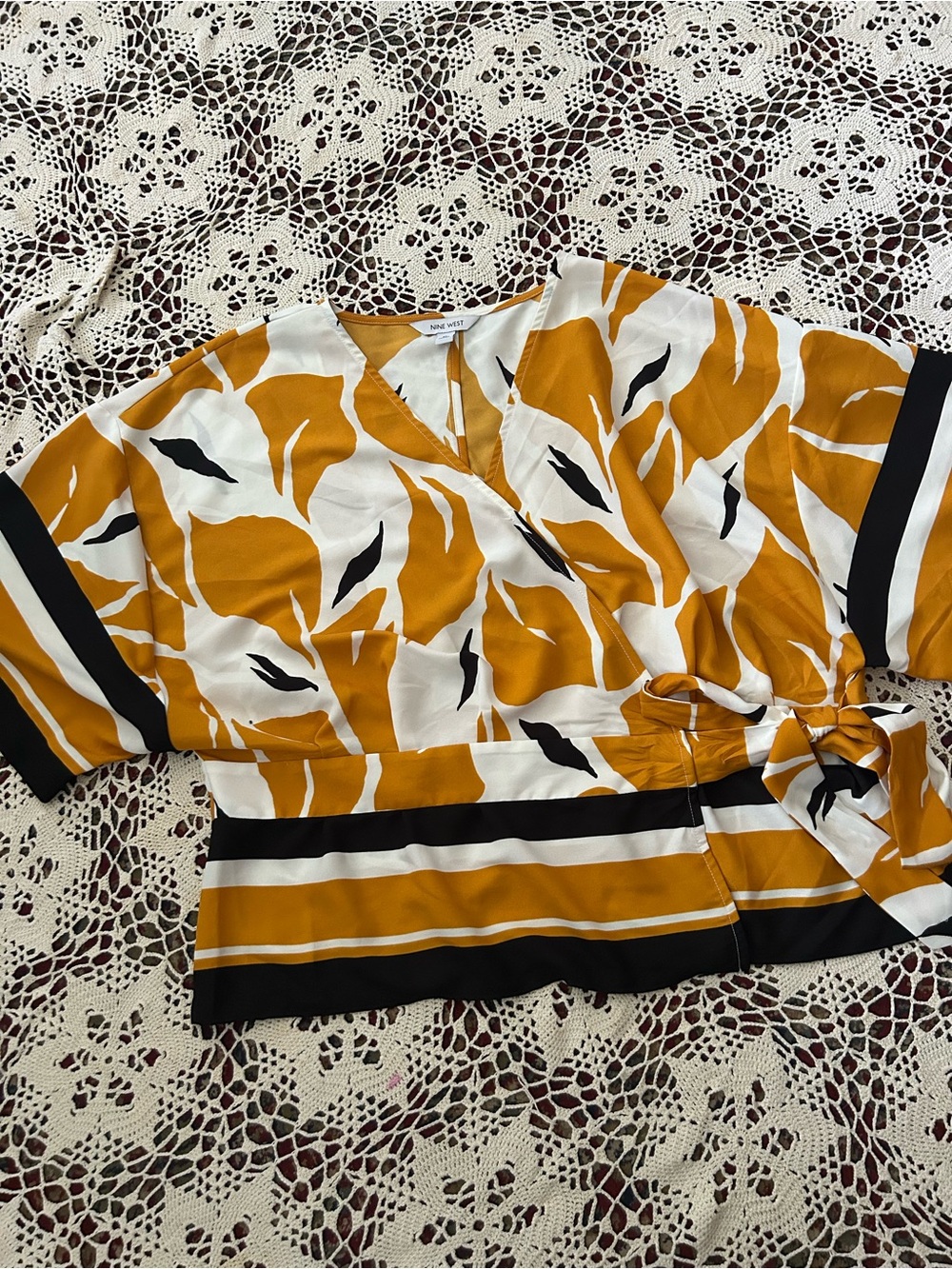 Nine West Mustard, Black and White Wrap Blouse with Side Tie - Picture 2 of 6